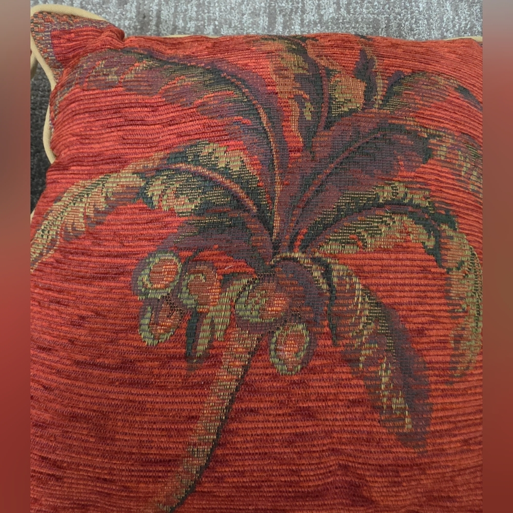 Two Newport Throw Pillows Exotic Palm Tree Motif Rich Tones Quiet Luxury Earthy